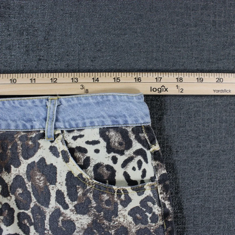 Arkling Womens XL Denim Mini Skirt Two Tone Leopard Print Blue‎ Light Wash Split
